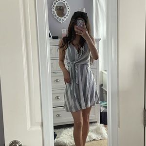 blue blush black and white striped dress